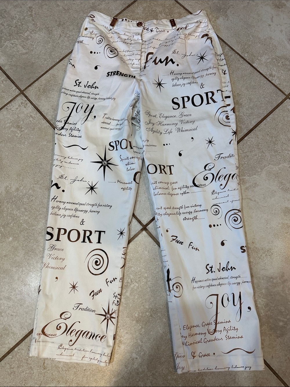 St. John Sport White Script Logo Allover Print Straight Leg Pants 6